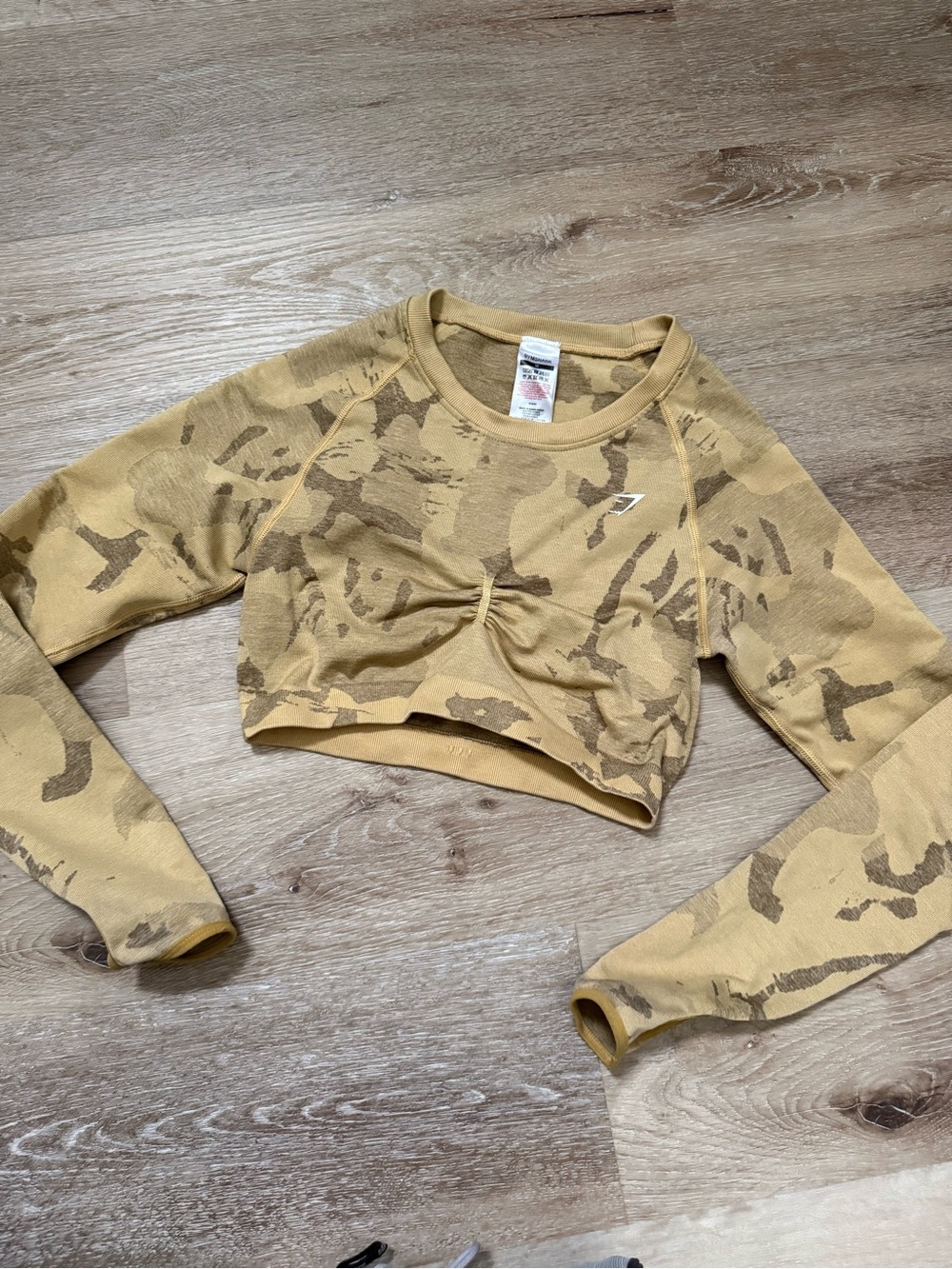 Gymshark Cropped Long-Sleeve Top in Mustard Camo